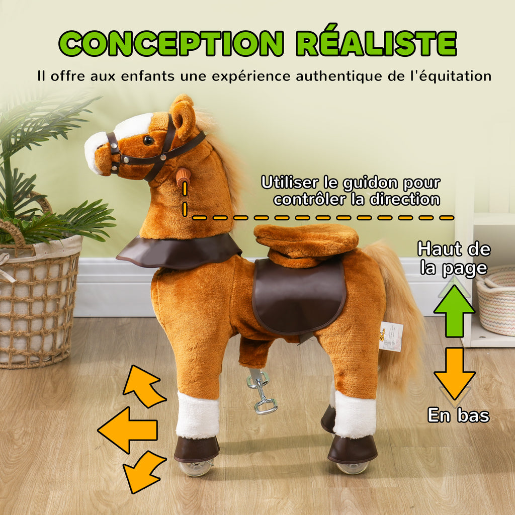Cheval à monter pour enfant cheval à roulettes selle surélevée pour enfants 3-5 ans charge 60 kg 70 x 28 x 70 cm marron