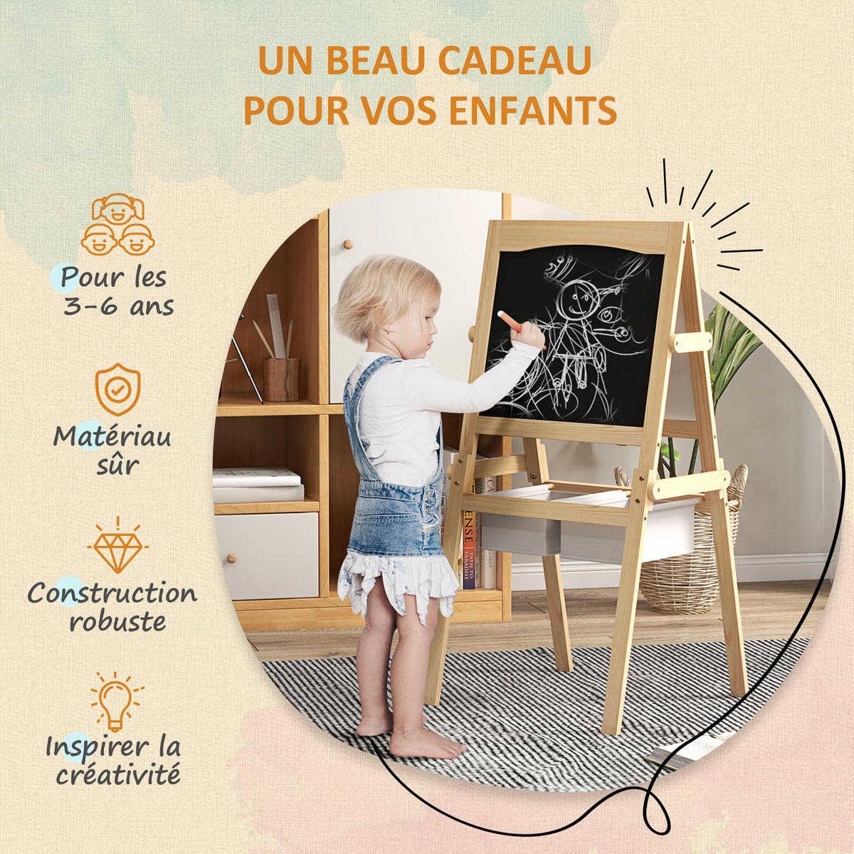 Tableau chevalet enfant ardoise double face tableau blanc tableau à craie rouleau papier 58 x 50,5 x 109 cm naturel-5