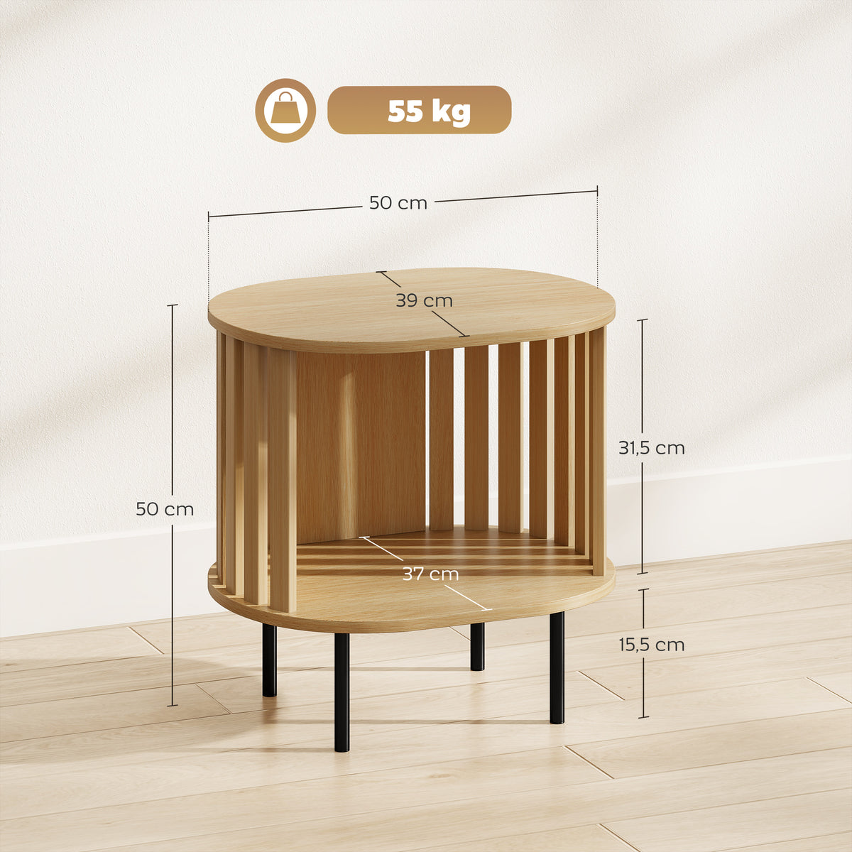 Ovális Éjjeliszekrény Nyitott Polccal – Skandináv Design, 55 kg Teherbírás