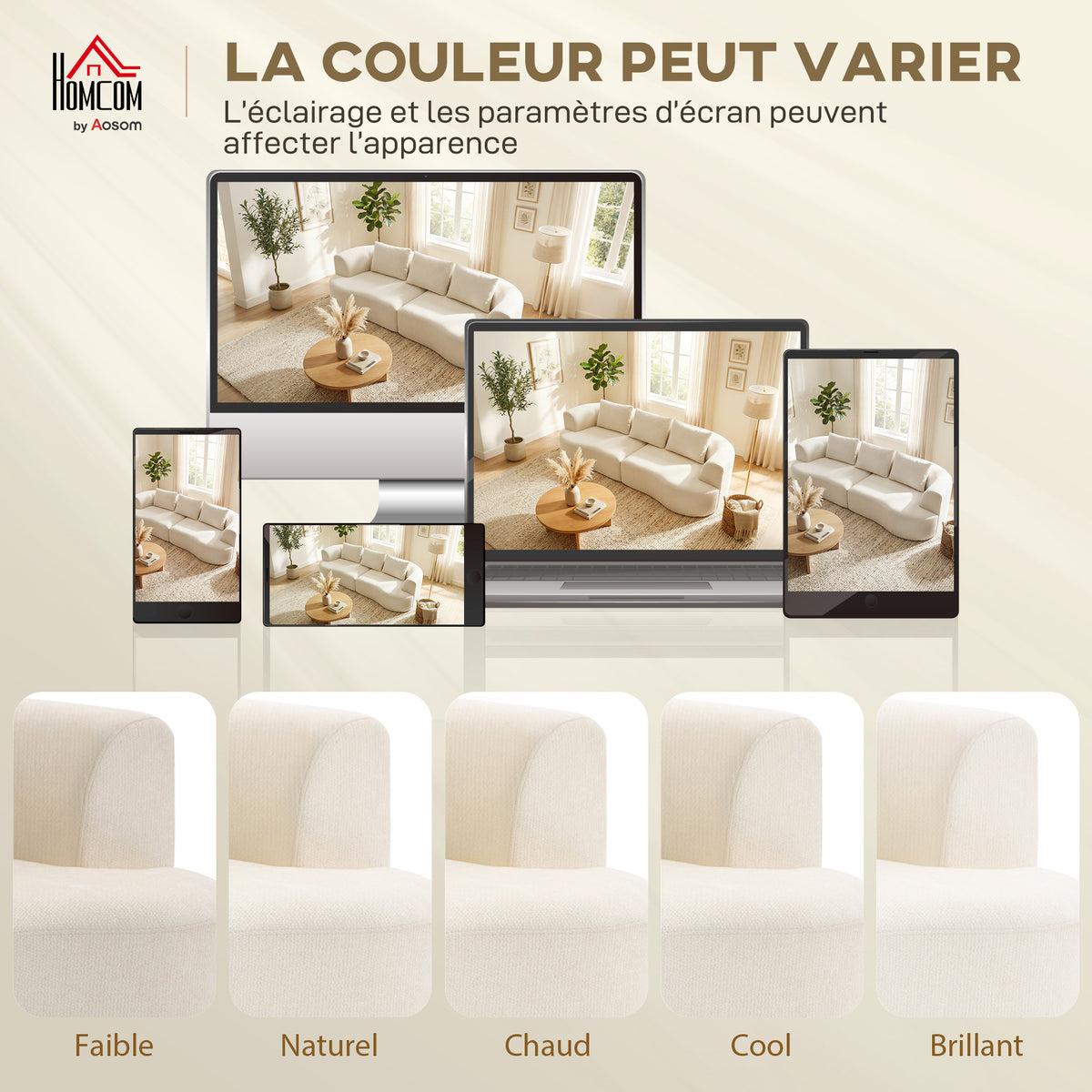 Canapé 3 places en chenille 260 cm, canapé salon, assise large, 3 coussins, pas de montage nécessaire, crème