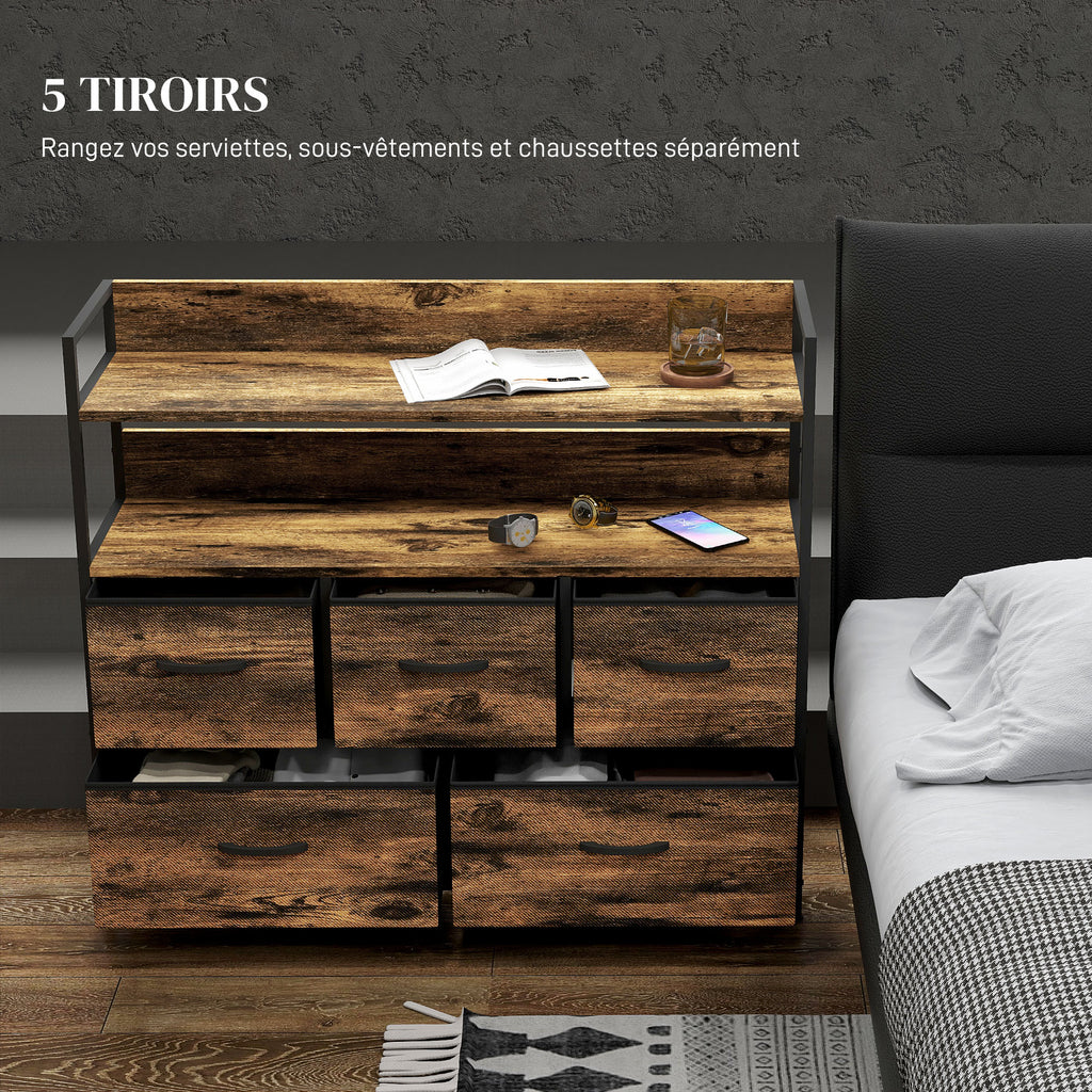 Commode, meuble de rangement, 5 tiroirs en tissu pliables et amovibles et étagères, 98 x 29 x 85 cm, brun rustique-3