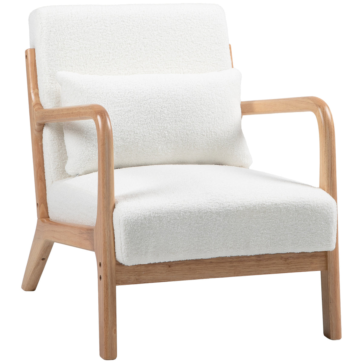 Fauteuil lounge - 3 coussins inclus - assise profonde - accoudoirs - structure bois hévéa - tissu bouclette crème