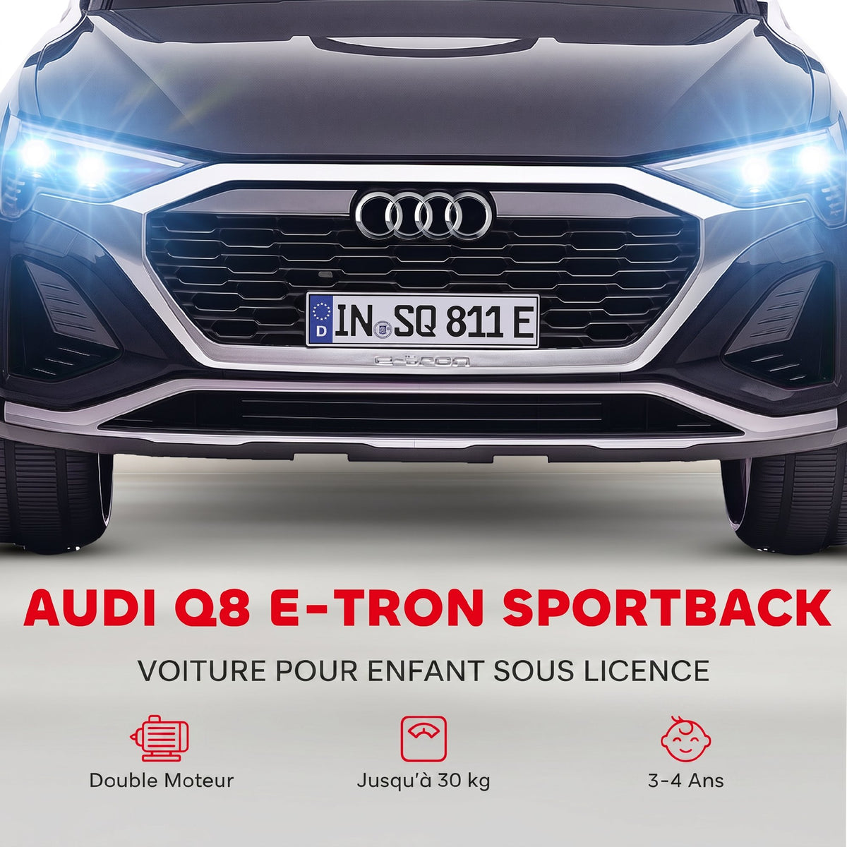 Voiture électrique pour enfants Licence Audi Q8 e-tron Sportback 12V télécommande, phares, musique, klaxon, 3-4 ans noir