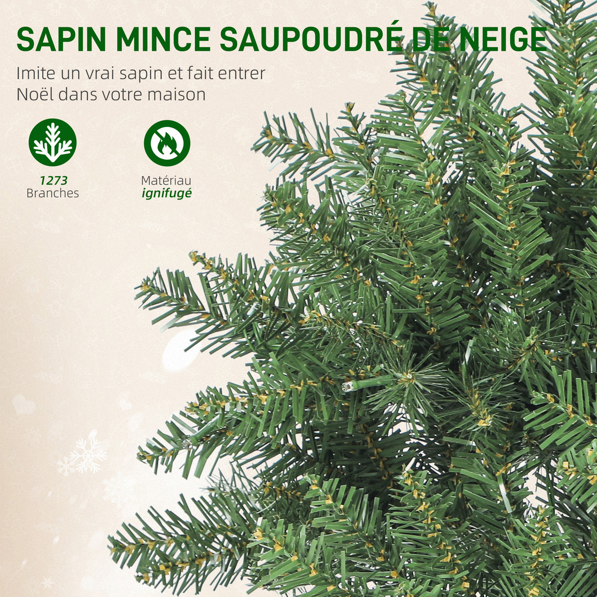 Sapin de Noël artificiel 210 cm, arbre de Noël fin avec 350 lumières, 1273 pointes, support en métal pliable, vert-5