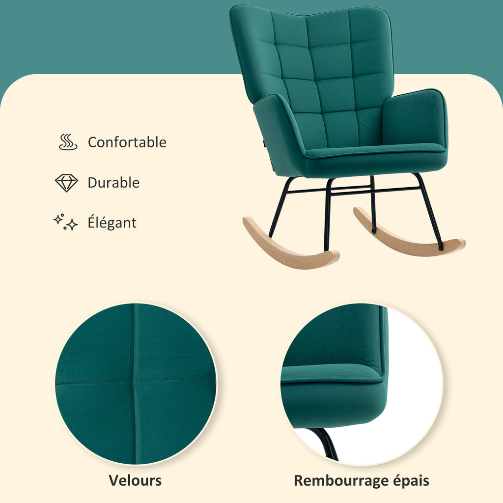 Fauteuil à bascule rocking chair revêtement en velous structure en acier 71 x 98 x 101 cm Vert-4