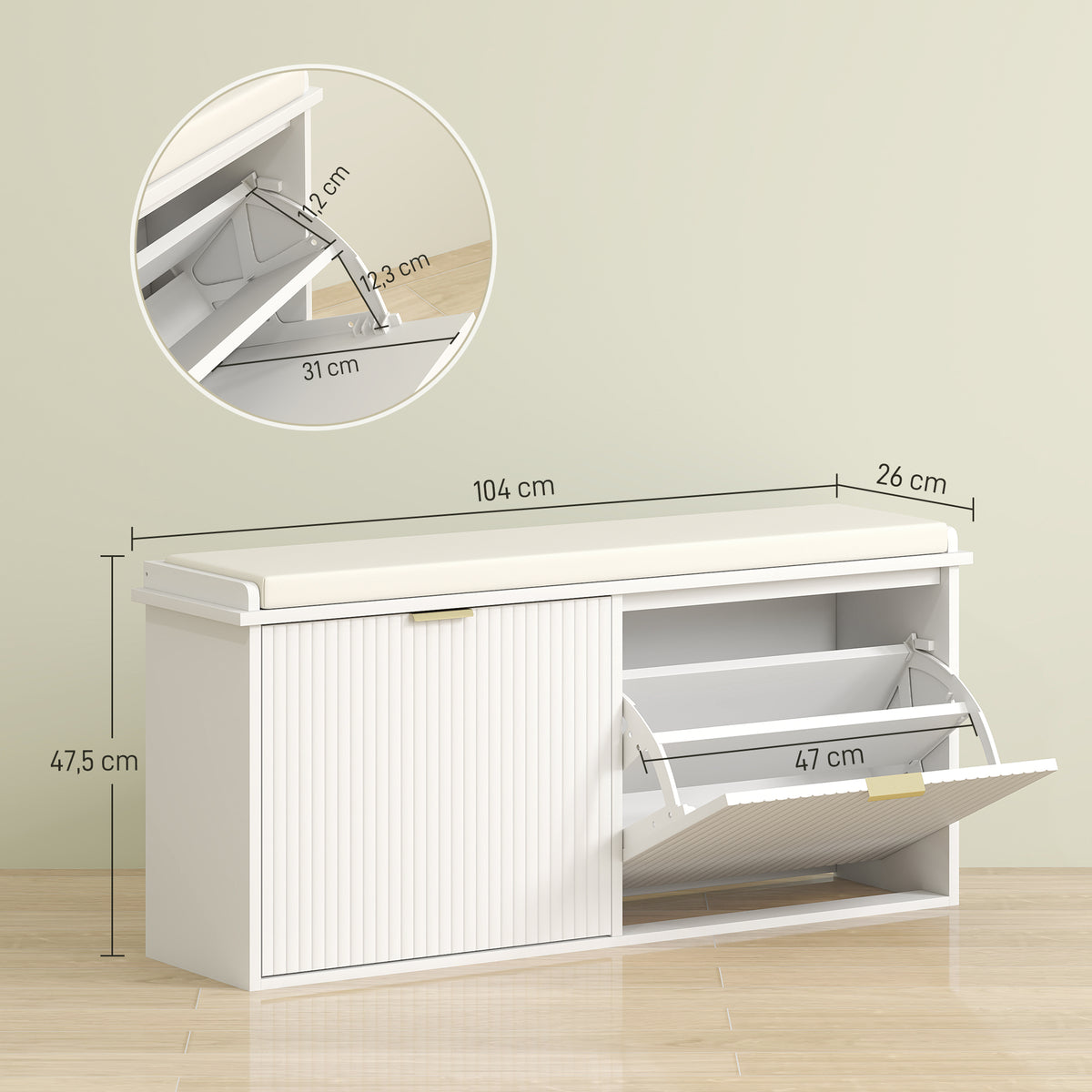 Banc à chaussures avec coussin d'assise rembourré et tiroir rabattable pour couloir, chambre, 104 x 26 x 47,5 cm, blanc-2