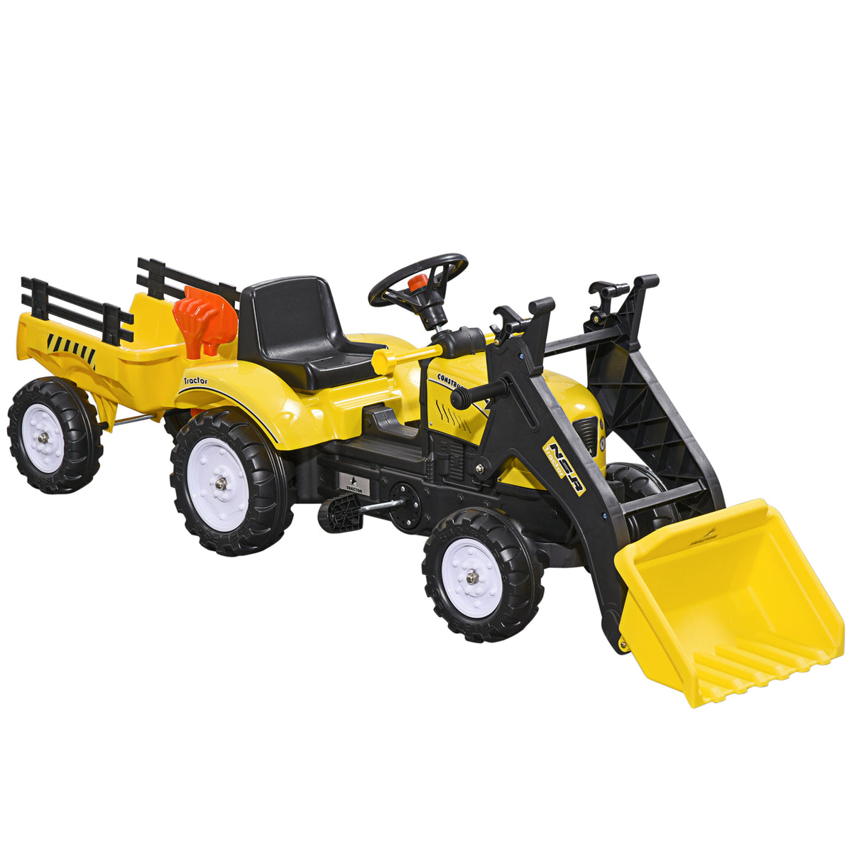 Tracteur à pédales tractopelle avec remorque Pelle et râteau Jeu de Plein air Enfants à partir de 3 Ans Jaune Noir