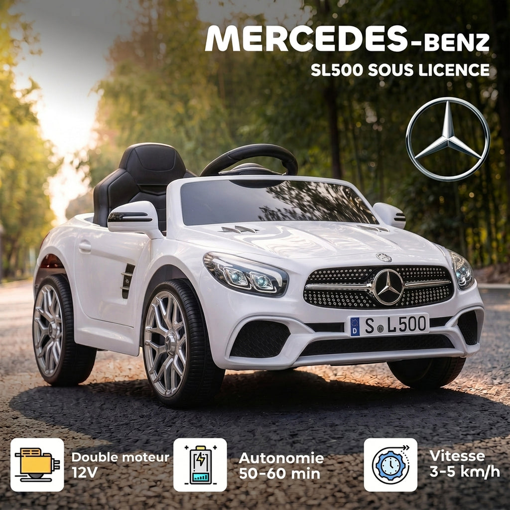 Voiture Électrique Enfants 12V Mercedes-Benz SL500, 3-5 km/h, 2 Moteurs, Télécommande 2,4G, pour 3-5 Ans, Blanc