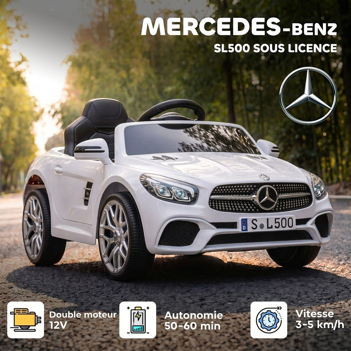 Voiture Électrique Enfants 12V Mercedes-Benz SL500, 3-5 km/h, 2 Moteurs, Télécommande 2,4G, pour 3-5 Ans, Blanc