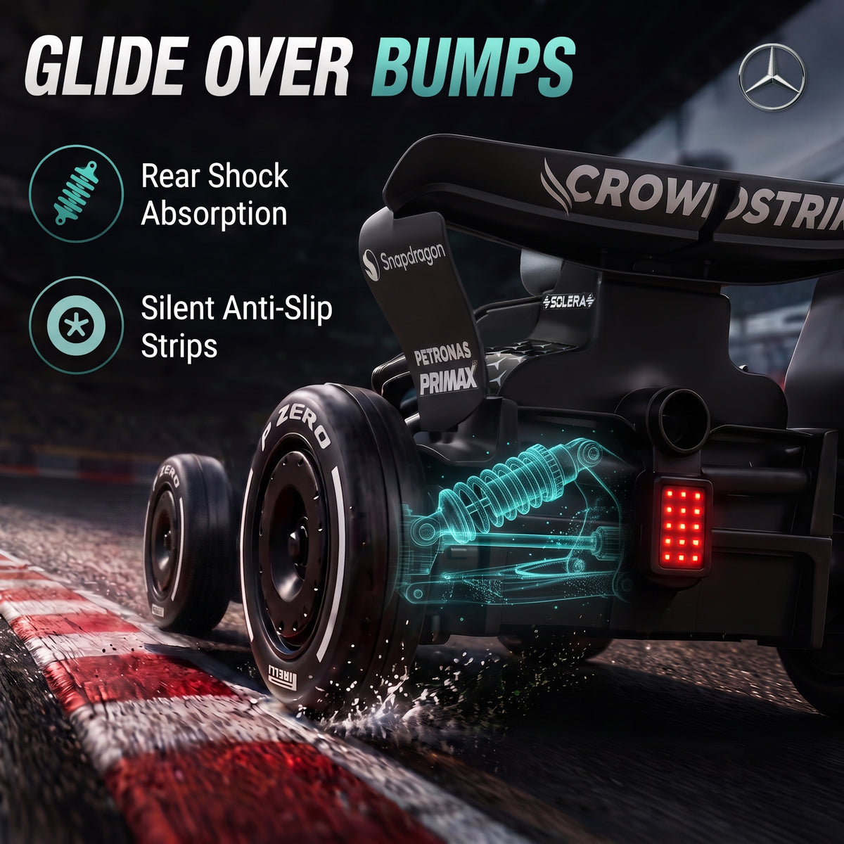 Mercedes-AMG PETRONAS F1 elektromos gokart – 12 V, lítiumakku, távirányító (Fekete/ezüst)