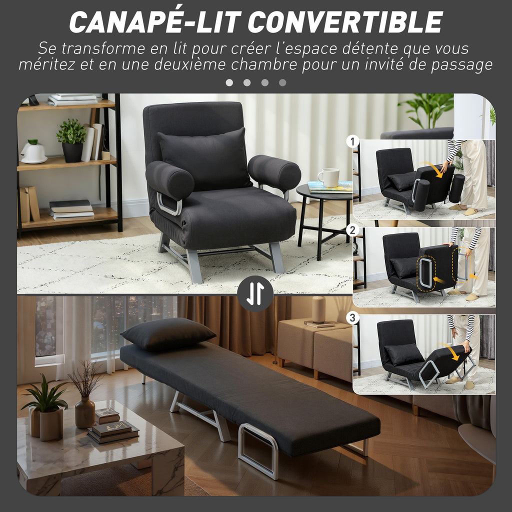 Fauteuil chauffeuse canapé-lit Convertible inclinable 1 Place Coussin lombaires accoudoirs piètement métal Lin Noir