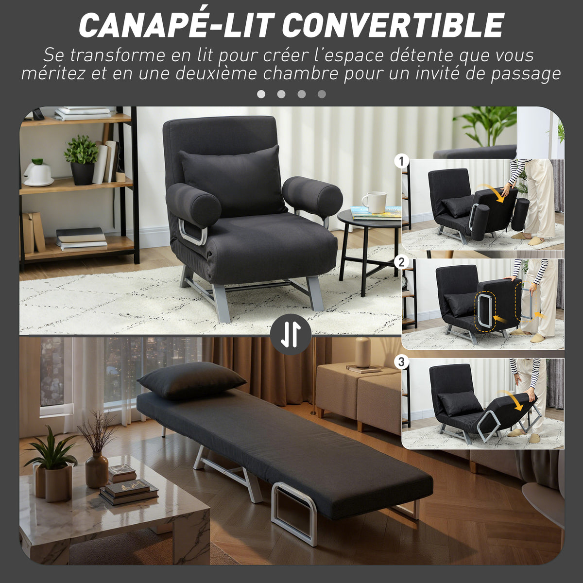 Fauteuil chauffeuse canapé-lit Convertible inclinable 1 Place Coussin lombaires accoudoirs piètement métal Lin Noir