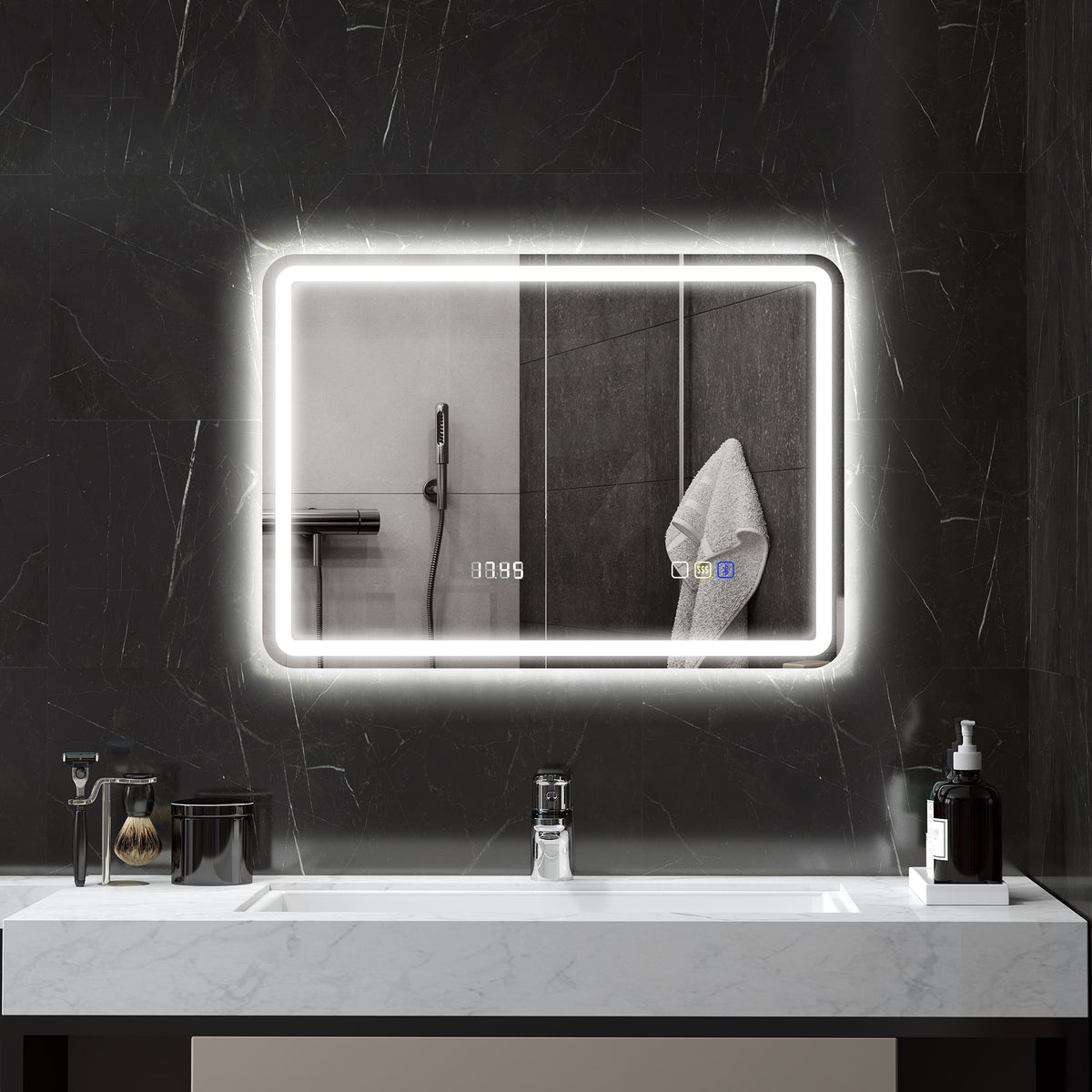 Miroir salle de bain Bluetooth avec éclairage LED 50 x 70 cm, miroir lumineux mural avec horloge, antibuée, argenté-1
