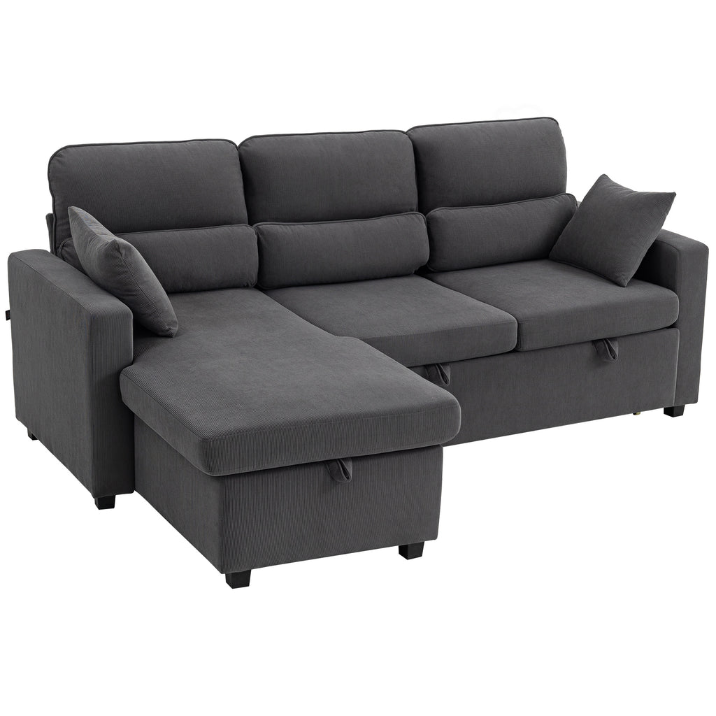 Ágyazható bordázott velúr sarokkanapé ágyneműtartóval – 3 személyes megfordítható kanapéágy, szürke