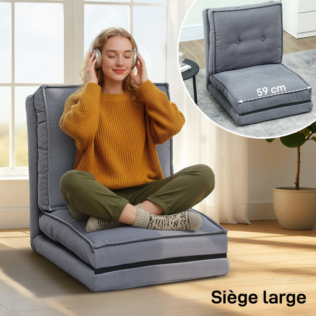 Fauteuil de sol pliable en velours côtelé, matelas de sol avec dossier réglable en 5 positions, 59 x 230 x 15 cm, gris-4