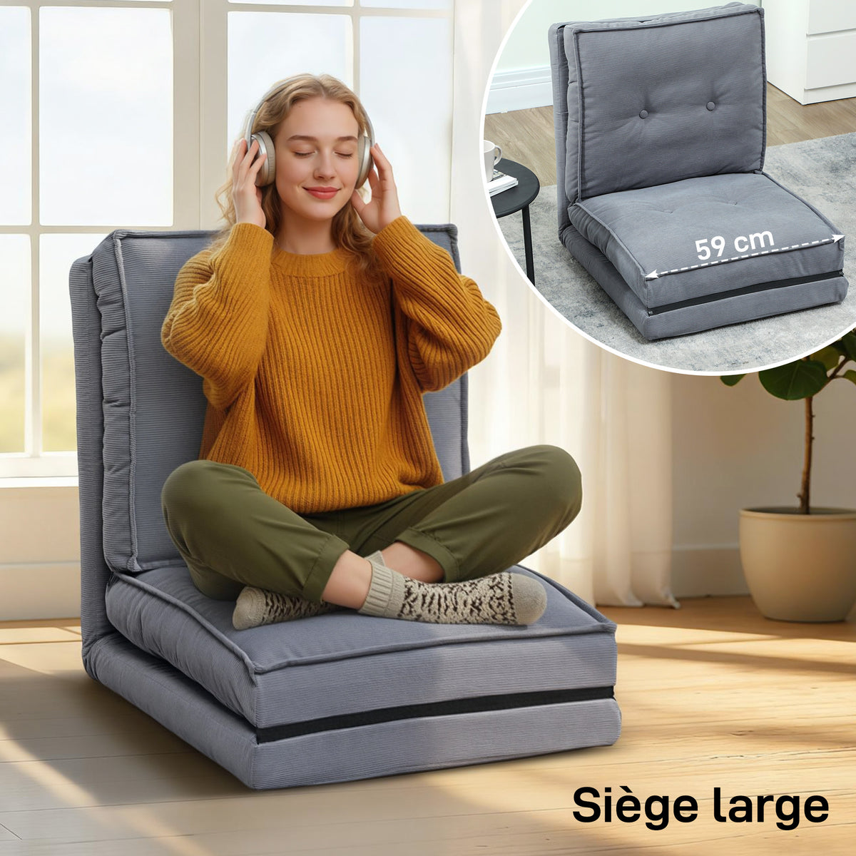 Fauteuil de sol pliable en velours côtelé, matelas de sol avec dossier réglable en 5 positions, 59 x 230 x 15 cm, gris-4
