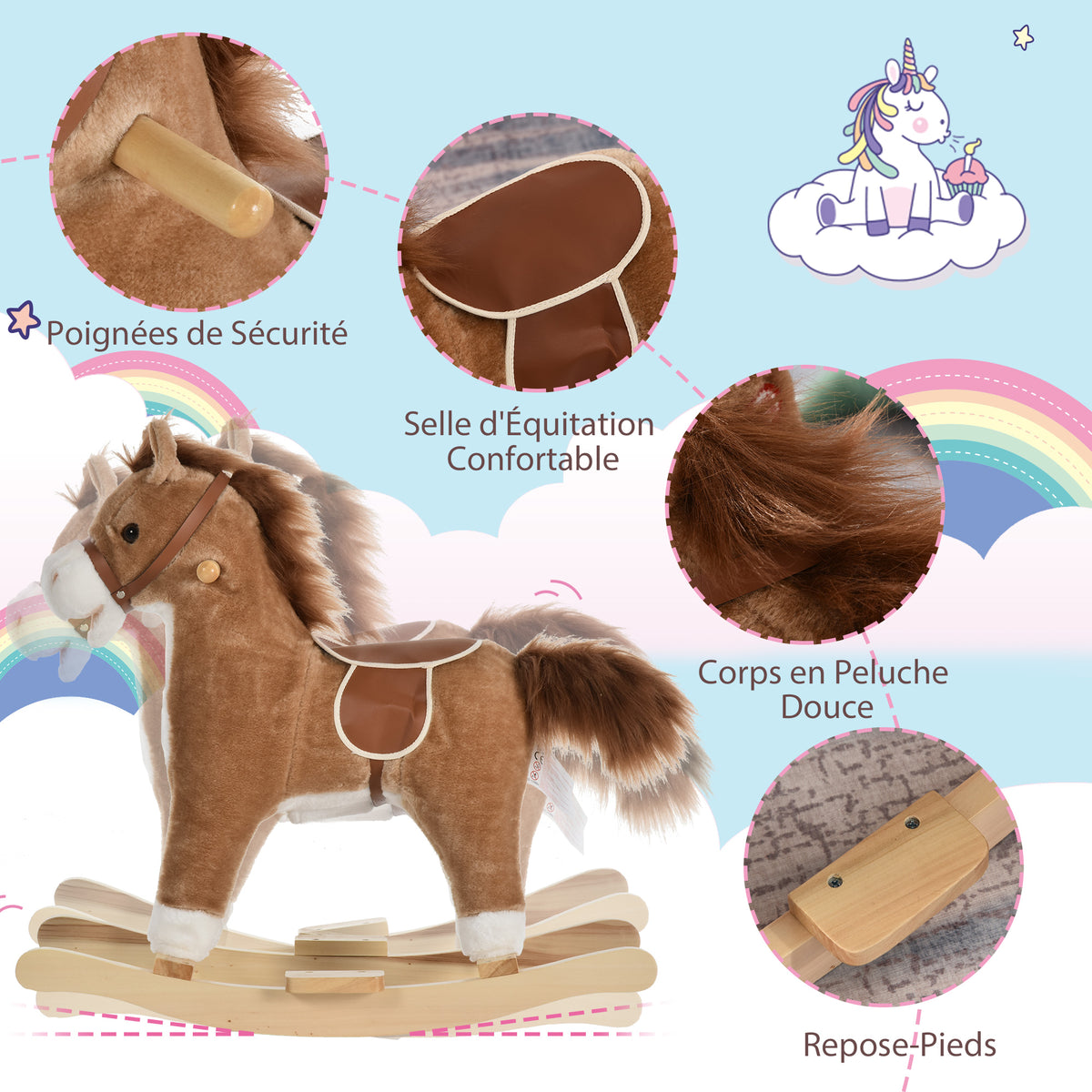 Cheval à Bascule Selle Grand Confort Peluche Courte Douce Bois peuplier Brun dim. 65L x 32,5l x 61H cm