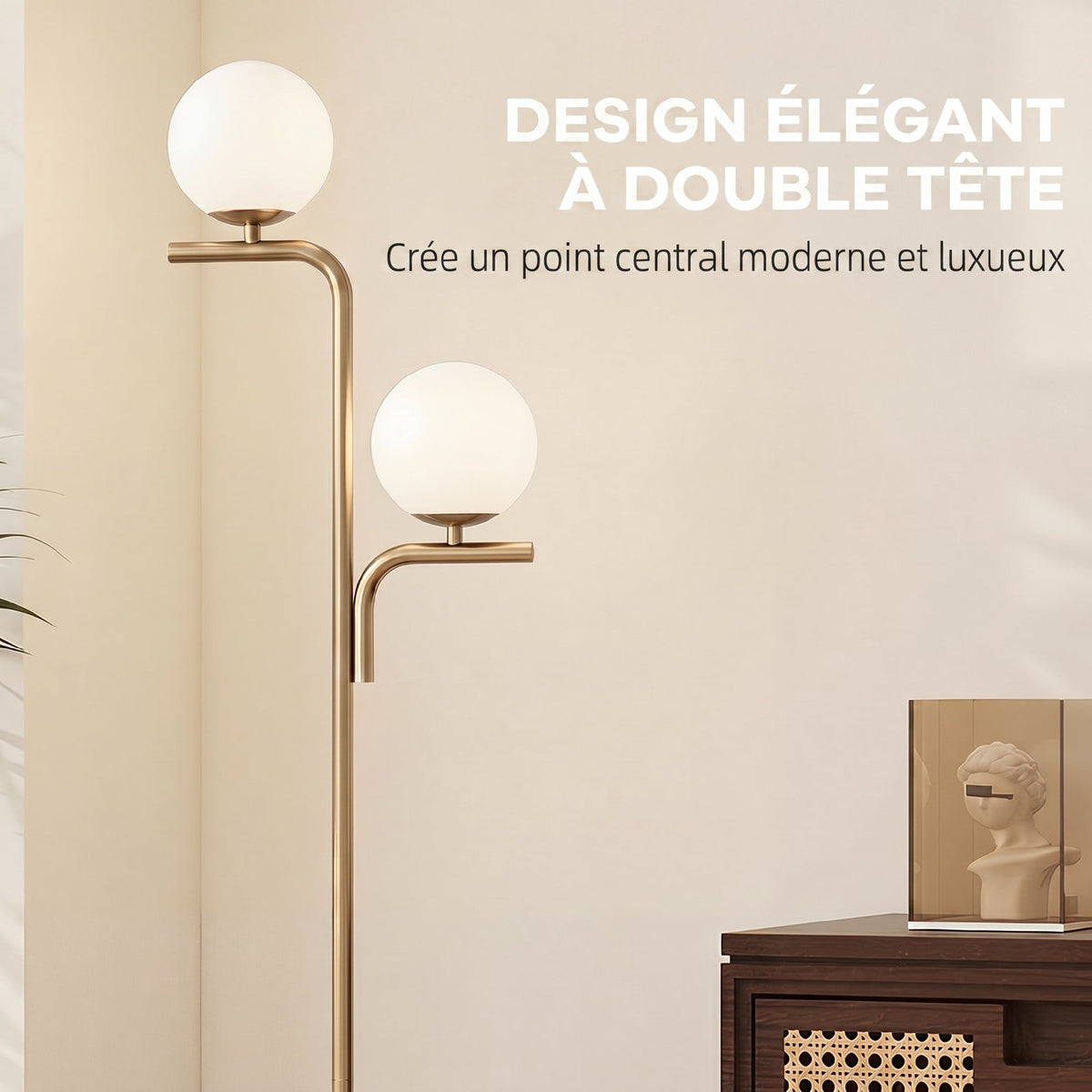 Lampadaire sur Pied Salon à Double Tête, Lampe sur Pied avec 3 Températures de Lumière, Abat-Jour en Verre, Doré-3