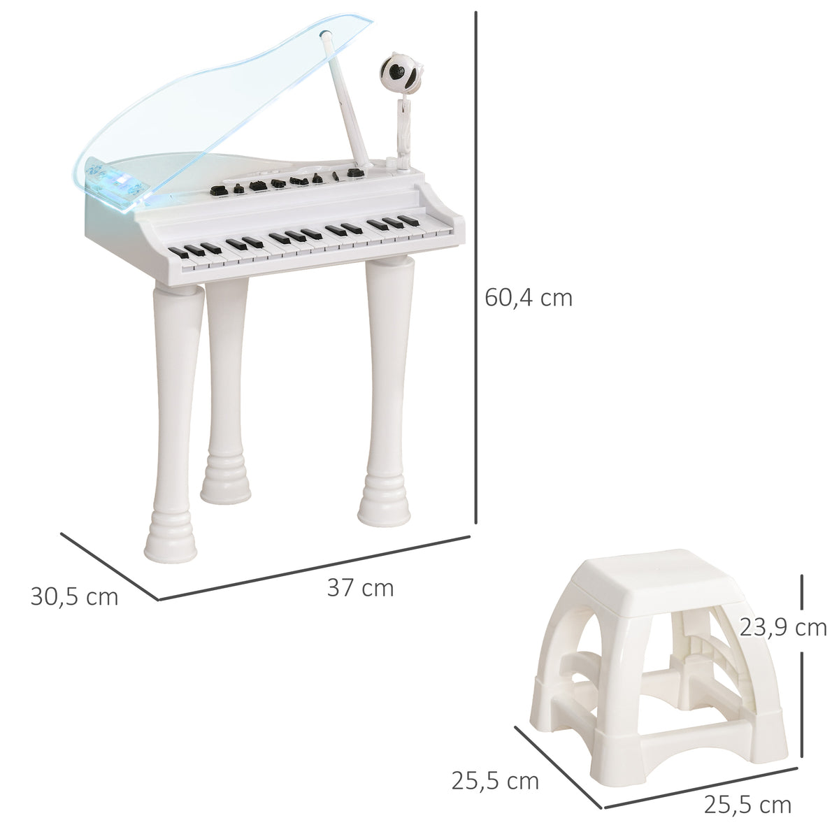 Piano enfant électronique 32 touches multifonctions avec micro haut parleur tabouret couvercle lumineux LED blanc