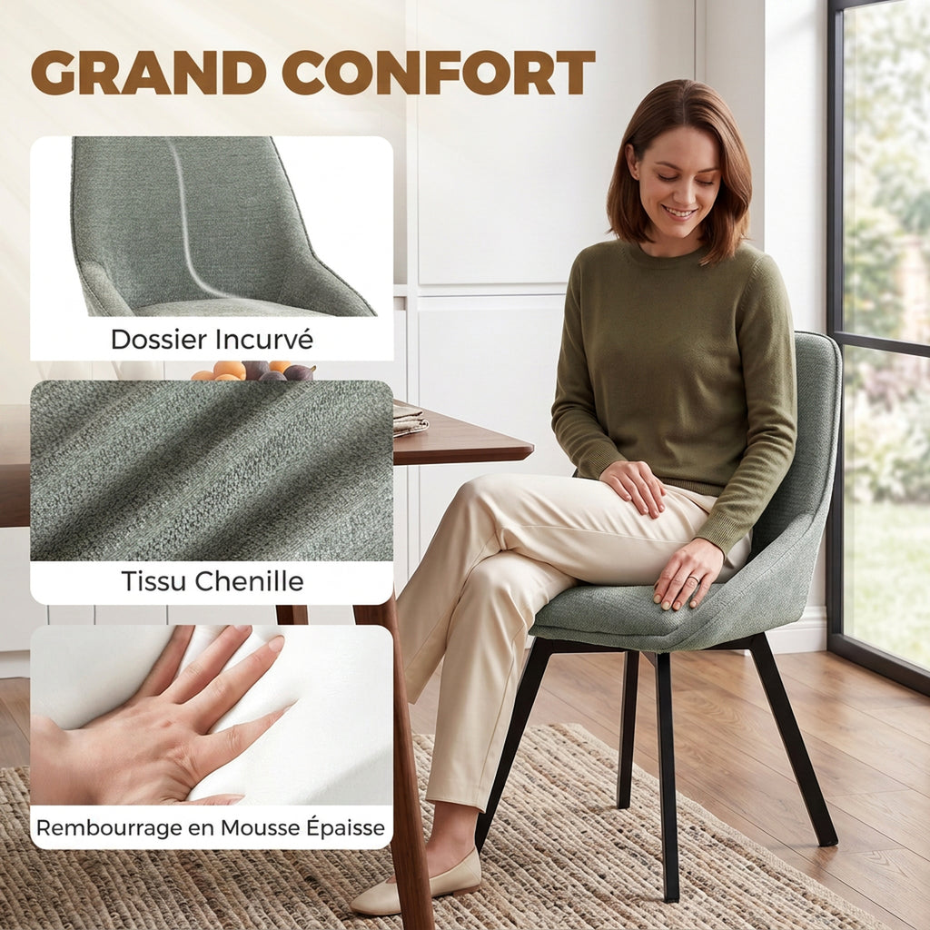 Lot de 2 Chaises de Salle à Manger Pivotantes à 360°, Chaises Cuisine Rembourrée en Chenille, Dossier Incurvé, Vert-5