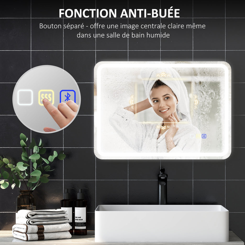 Miroir salle de bain Bluetooth avec éclairage LED 50 x 70 cm, miroir lumineux mural avec horloge, antibuée, argenté-6
