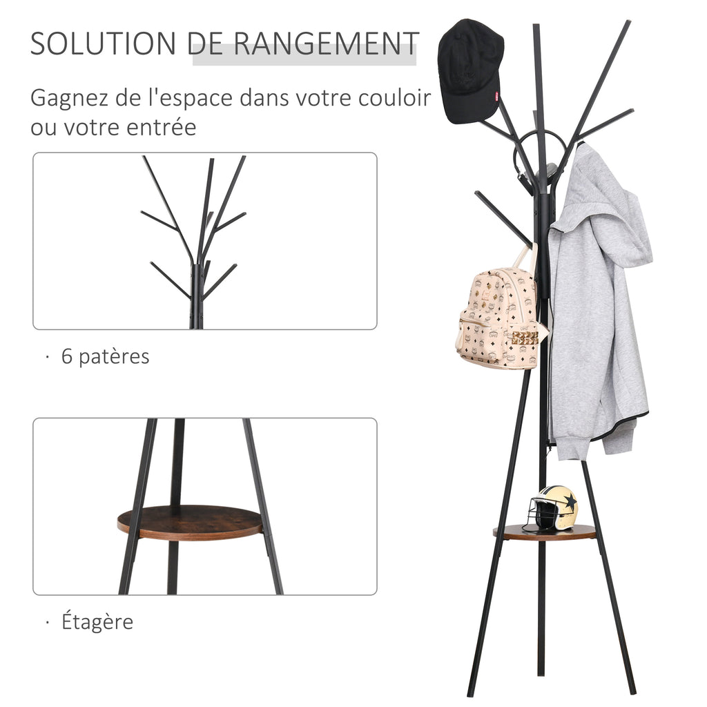 Porte-manteau trépied design contemporain branches étagère + 9 patères dim. 45L x 45l x 180H cm métal marron-4