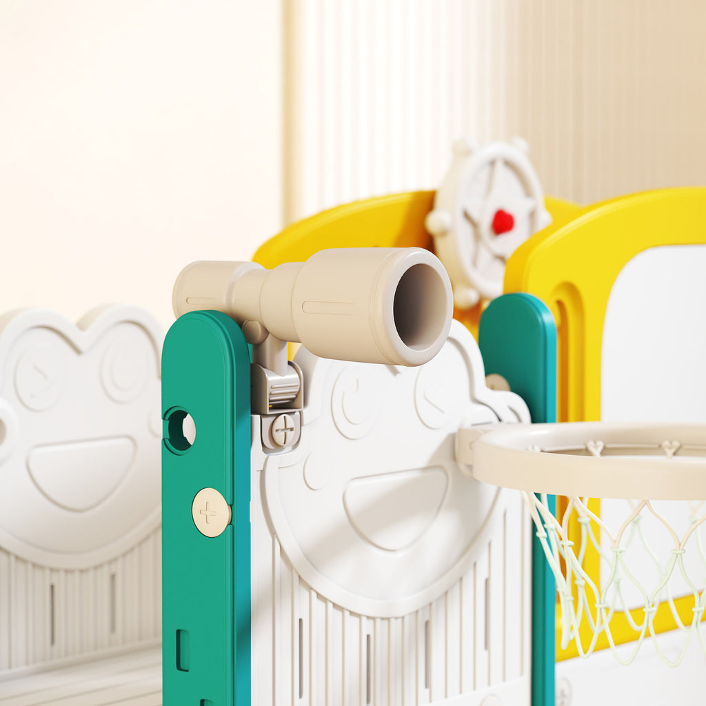 Toboggan pour enfant 7 en 1 avec panier de basket, télescope, rangement, tunnel, escalade, tableau de dessin, jaune