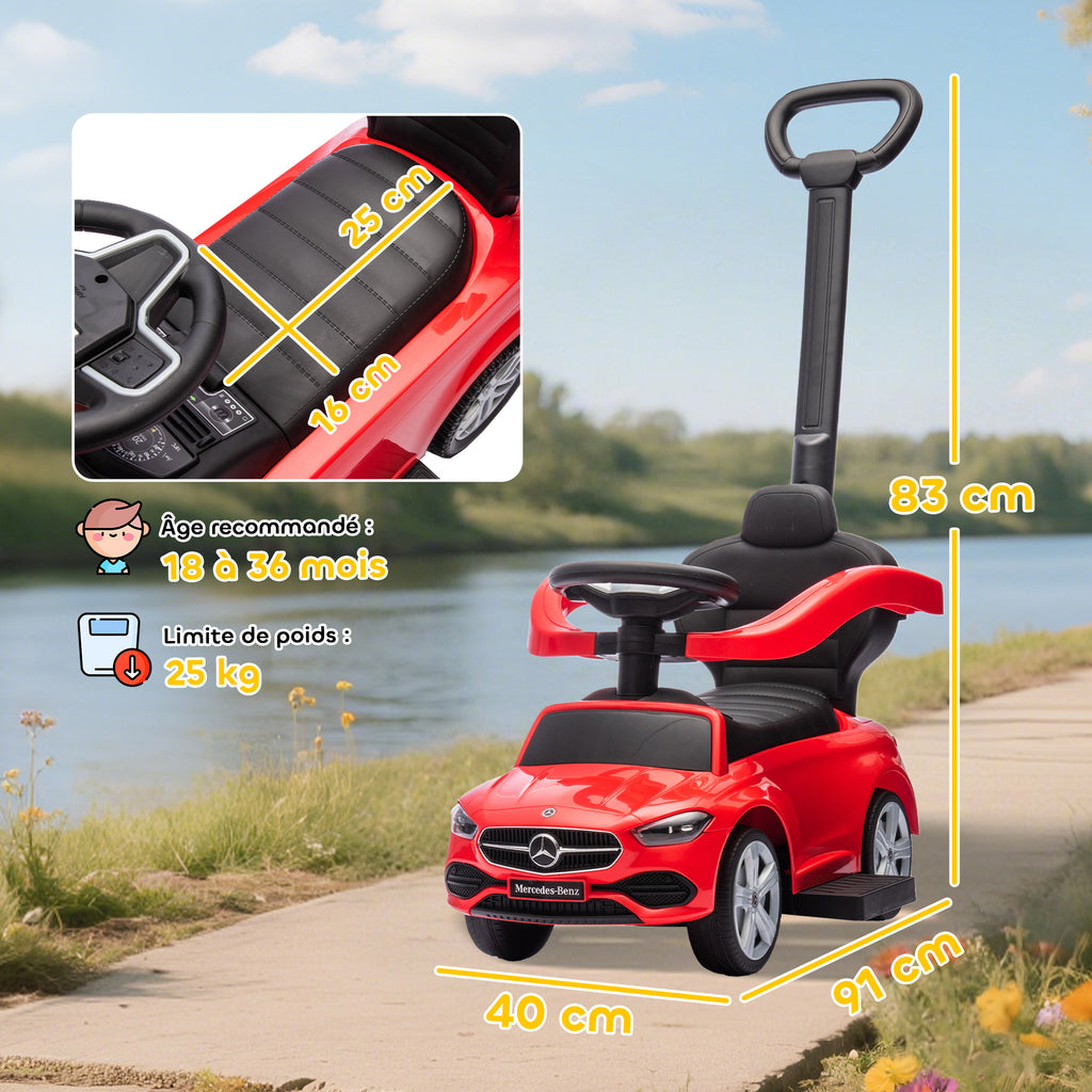 Porteur enfants Mercedes-Benz sous licence, porteur voiture à pousser avec poignée amovible, 91 x 40 x 83 cm, rouge