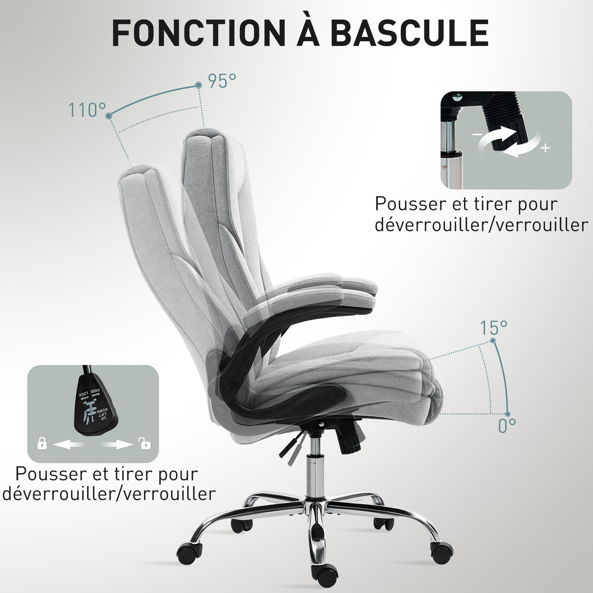 Fauteuil de bureau, chaise bureau ergonomique, hauteur réglable, accoudoirs relevables, 70 x 70 x 114-122 cm, gris-5
