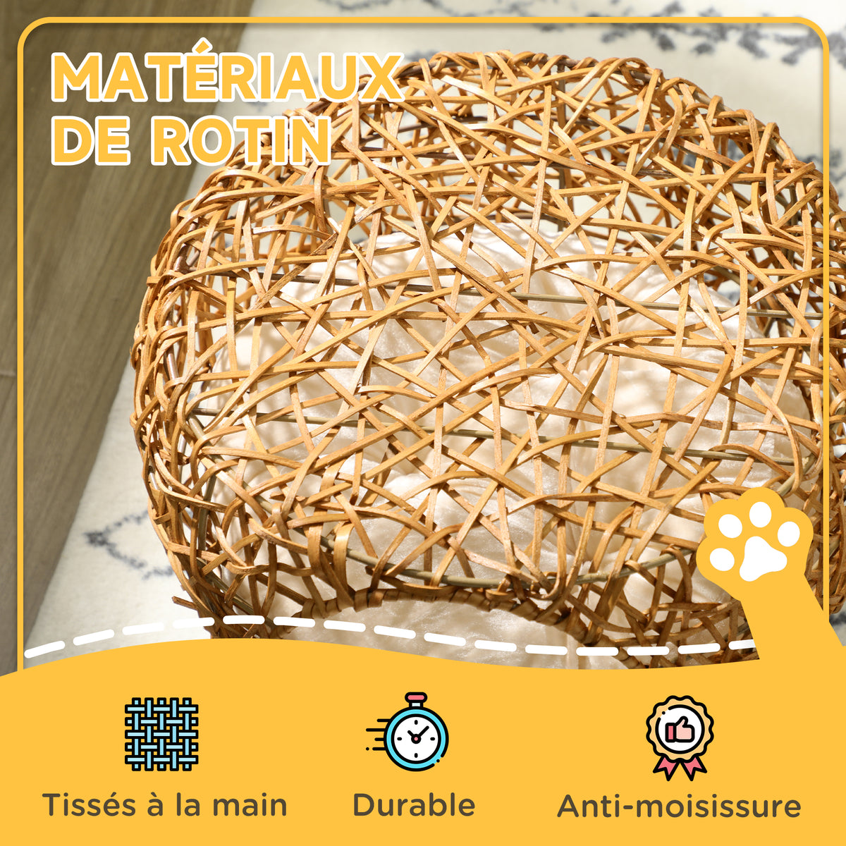 Niche pour chat lit pour chat panier chat maison de chat en rotin coussin épais Ø 40 x 32 cm marron clair-3