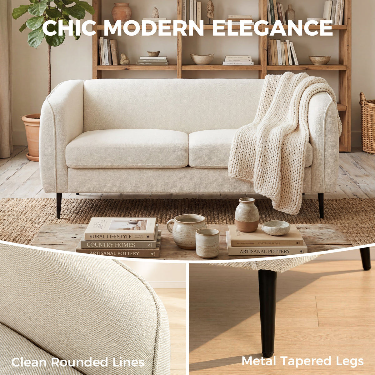Canapé 2 places en velours, canapé de salon moderne 160 cm, assise large rembourrée, coussin épais à ressorts, beige-7
