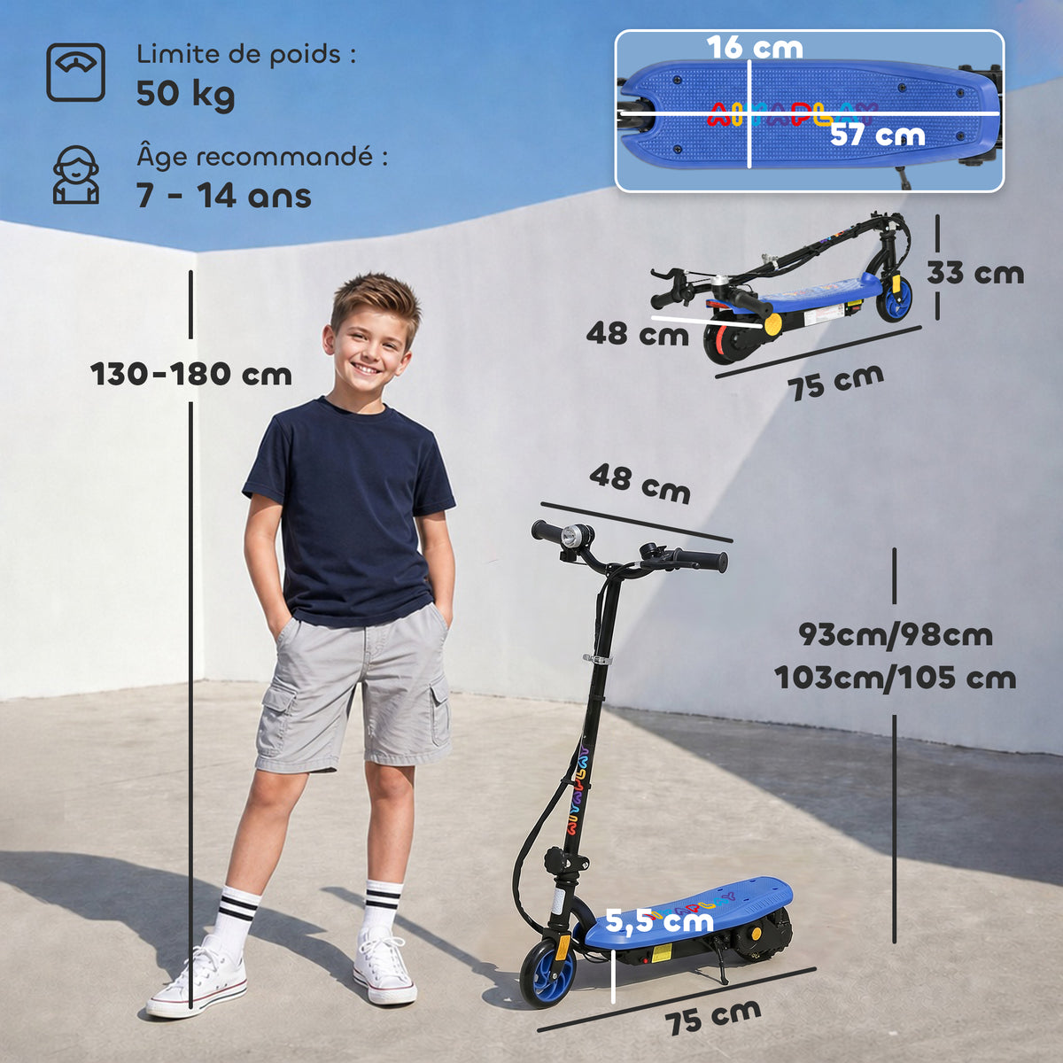 Trottinette électrique 120 W pliable pour enfant 7-14 ans 12 Km/h max. autonomie 10 Km max. bleu-2