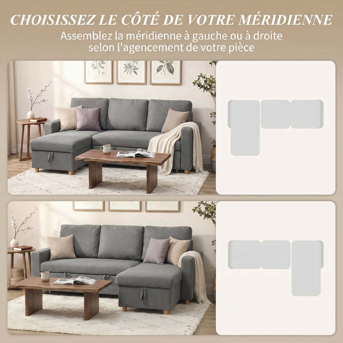 Canapé d'angle convertible canapé lit canapé 3 places modulable avec méridienne réversible, coffre de rangement intégré et 3 coussins de dossier, tissu aspect lin, gris-4