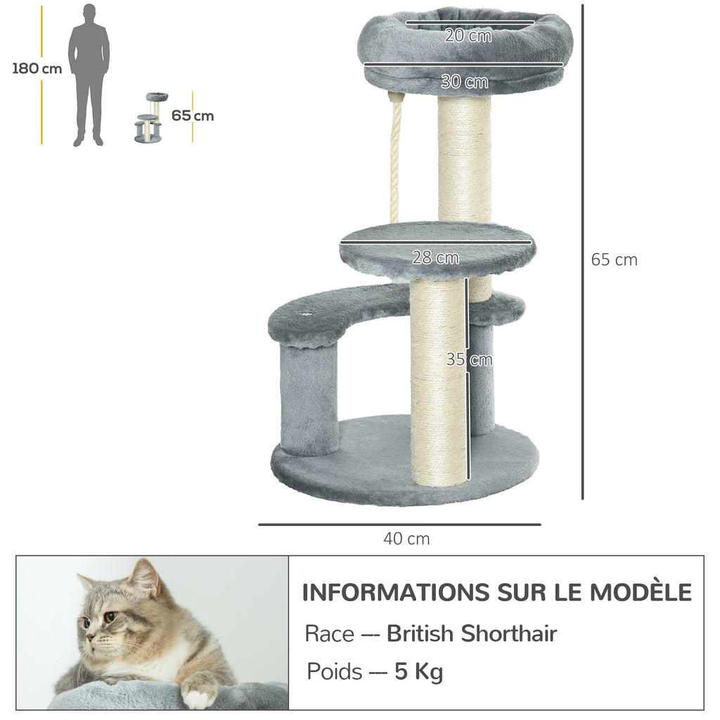 Arbre à chats 2 griffoirs grattoirs sisal naturel 3 plateformes corde à grimper dim. Ø 40 x 65H cm peluche haute densité 500 g/m² gris-2