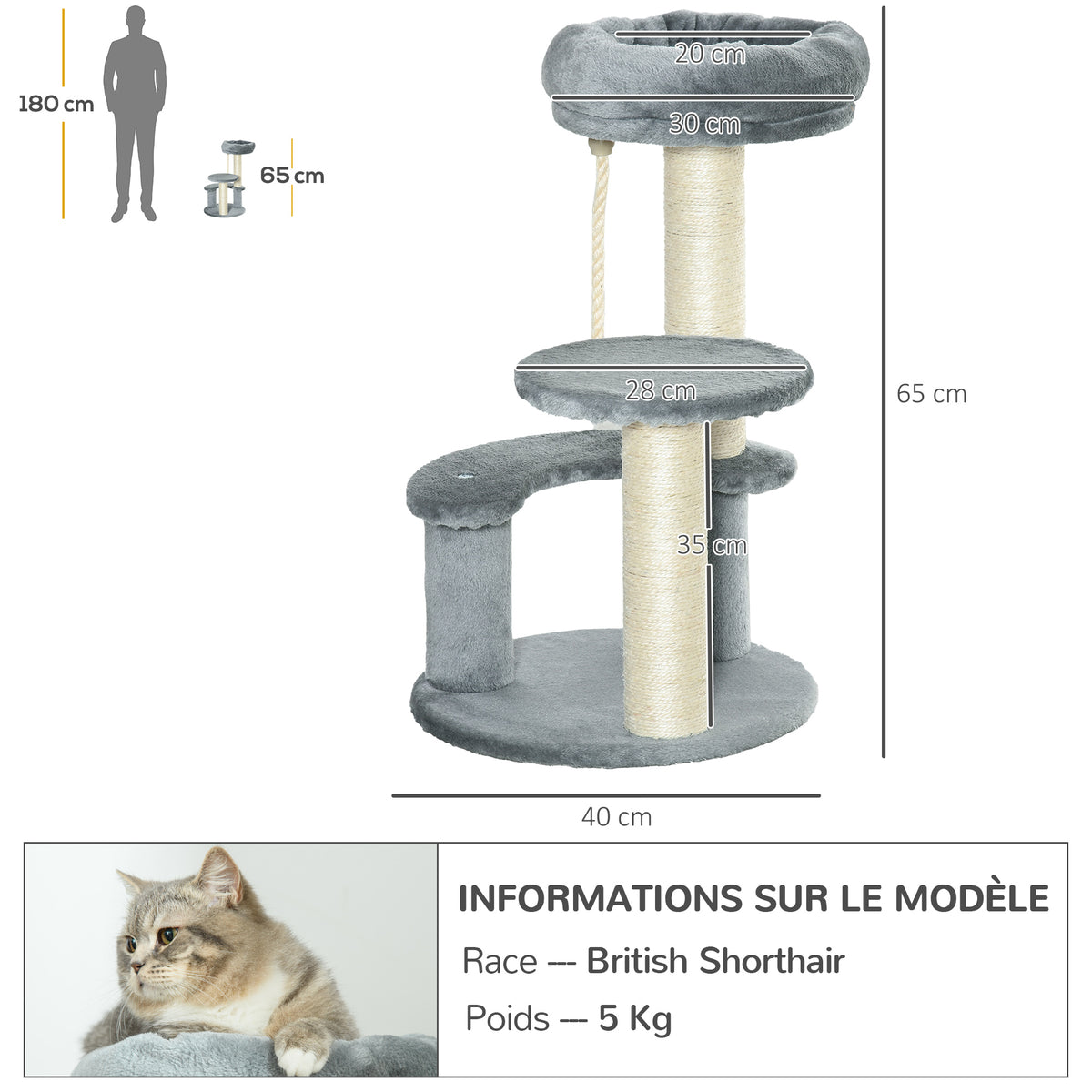 Arbre à chats 2 griffoirs grattoirs sisal naturel 3 plateformes corde à grimper dim. Ø 40 x 65H cm peluche haute densité 500 g/m² gris-2