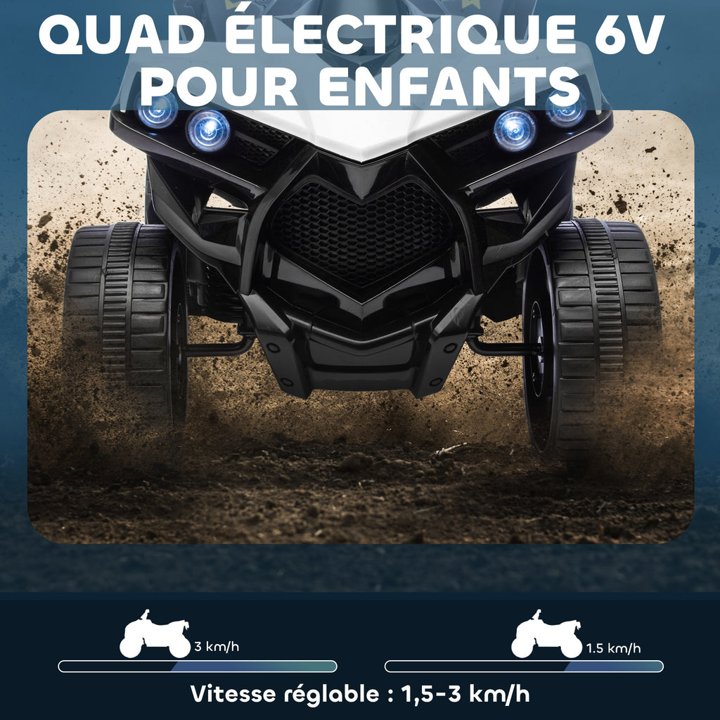 6 V-os elektromos gyerek quad zenével és LED-fényszórókkal, fehér–fekete