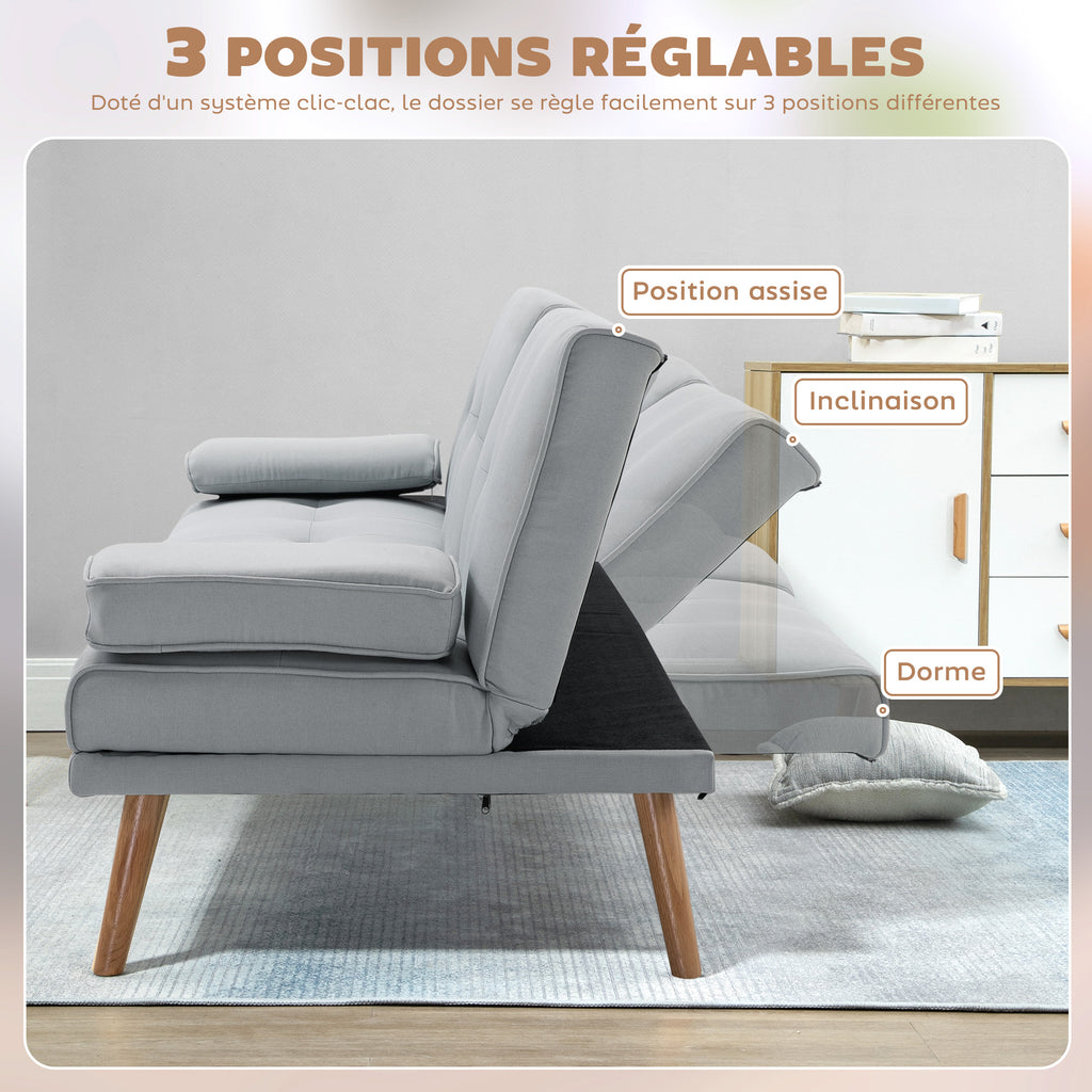 Canapé convertible 3 places, canapé-lit rembourré avec dossier réglable 3 niveaux, 2 coussins et 2 porte-gobelets intégrés, tissu de lin, pour salon, chambre d'amis, petit espace, gris clair