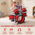 Kit de Batterie pour Enfants avec Tabouret, Clavier Électronique, Microphone, Connecté via USB, 77,5x40x76,5cm, Rouge