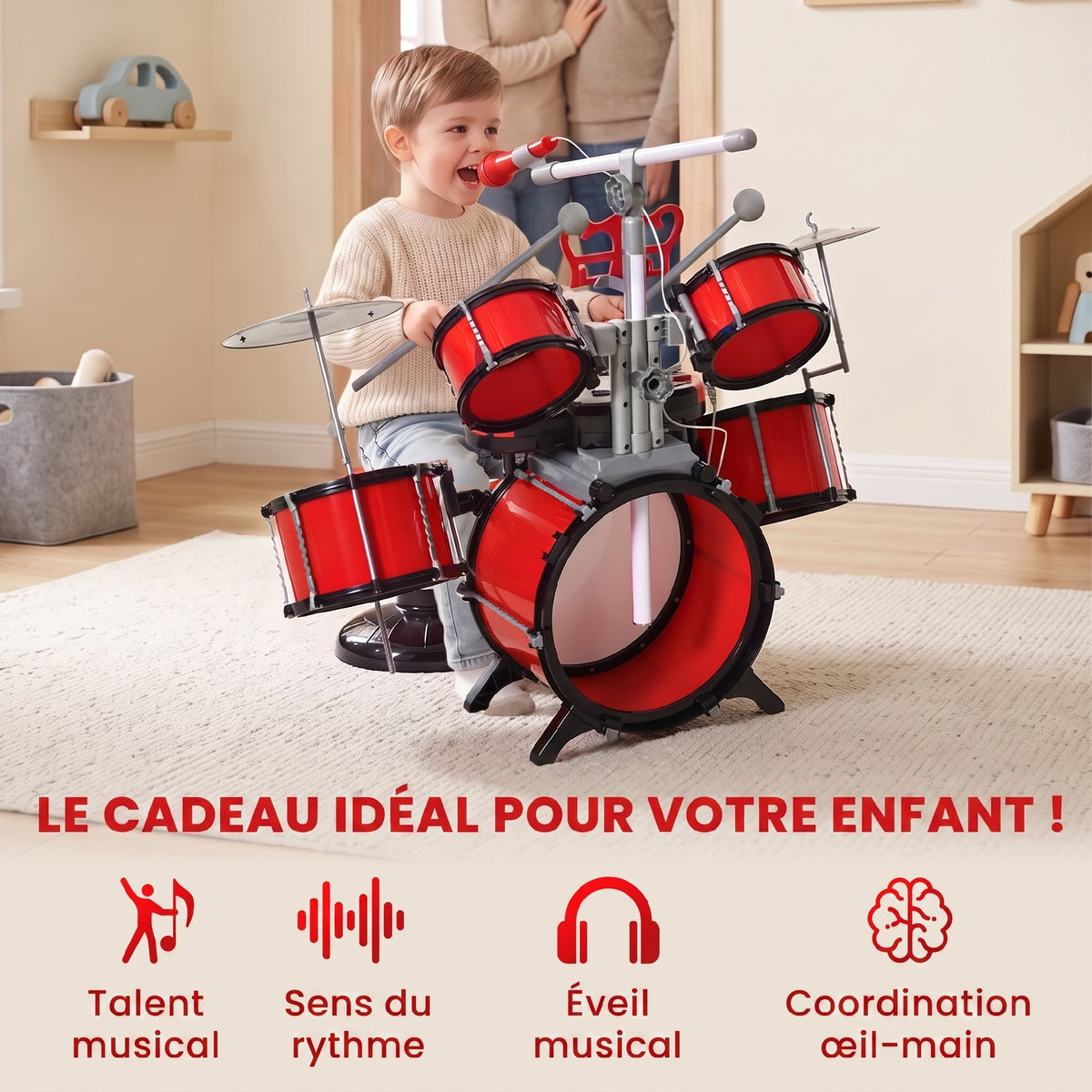 Kit de Batterie pour Enfants avec Tabouret, Clavier Électronique, Microphone, Connecté via USB, 77,5x40x76,5cm, Rouge