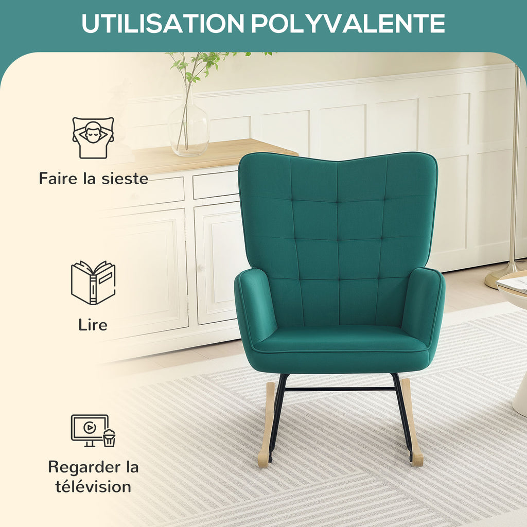 Fauteuil à bascule rocking chair revêtement en velous structure en acier 71 x 98 x 101 cm Vert-5