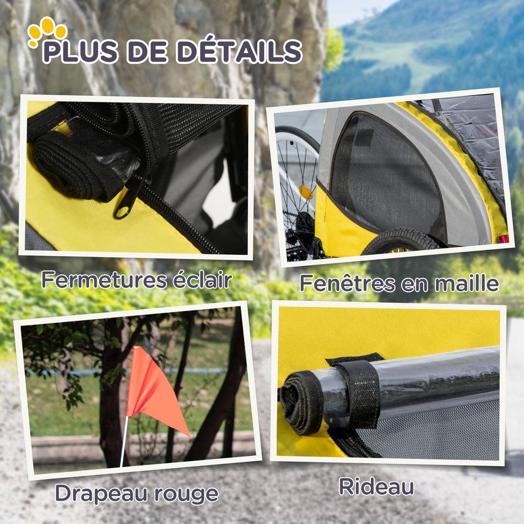 Remorque de vélo pour chien avec fenêtres en maille réflecteurs et drapeau de sécurité 140 x 71 x 83 cm jaune