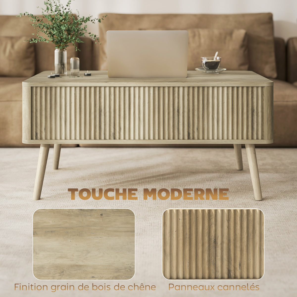 Table basse relevable, table de salon avec 2 compartiments cachés et pieds en pin, 91 x 56 x 43 cm, chêne-5