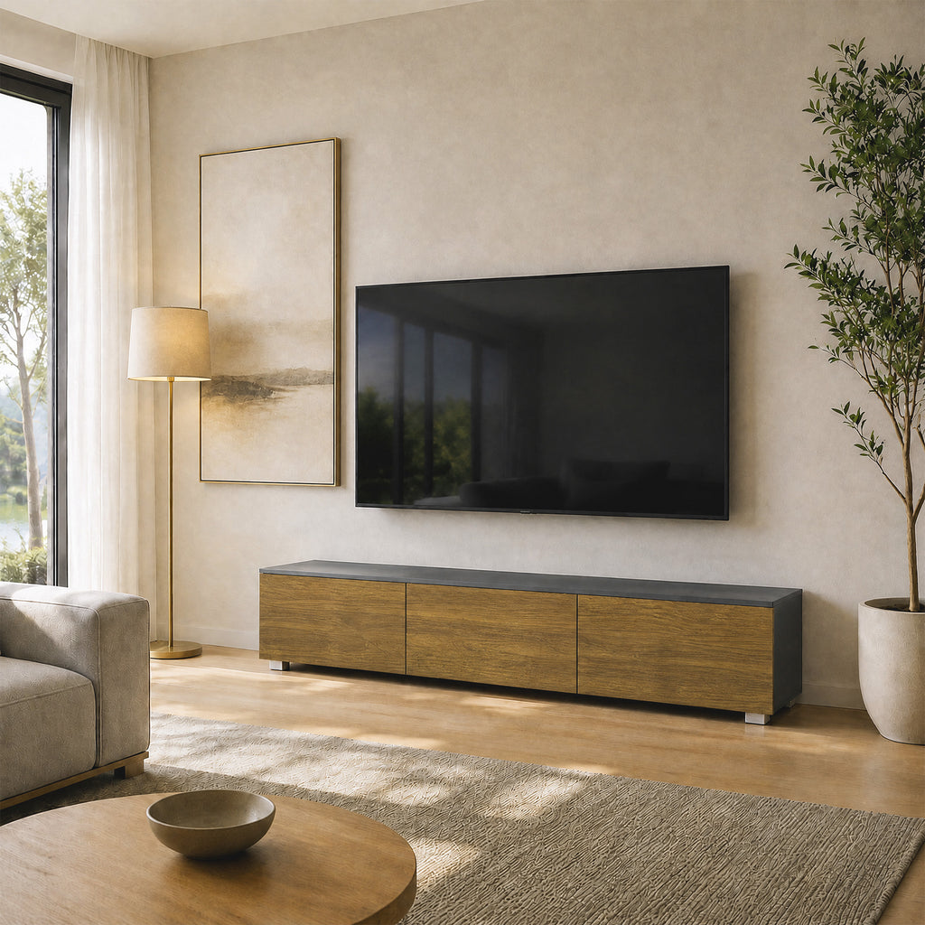 Meuble TV Suspendu ou sur Pied 160 cm pour Téléviseur 65 Pouces, Porte à fermeture, Passe-câbles, Noyer-1