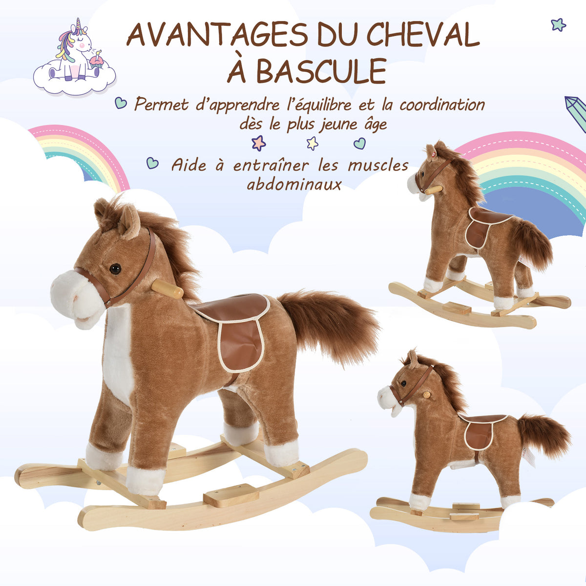 Cheval à Bascule Selle Grand Confort Peluche Courte Douce Bois peuplier Brun dim. 65L x 32,5l x 61H cm