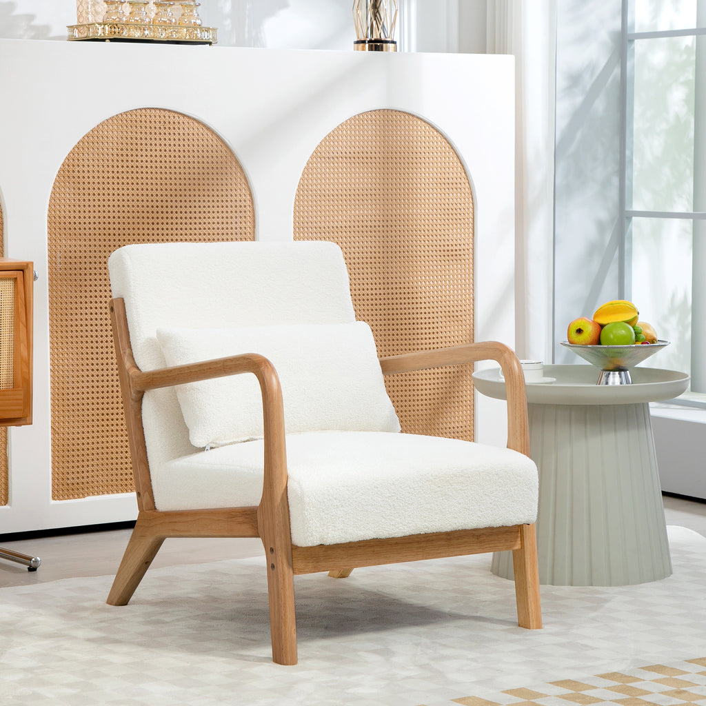 Fauteuil lounge - 3 coussins inclus - assise profonde - accoudoirs - structure bois hévéa - tissu bouclette crème