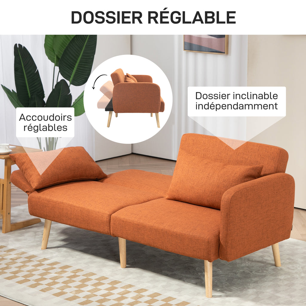 Canapé convertible 3 places design clic clac dossier inclinable et accoudoirs réglables tissu effet lin marron