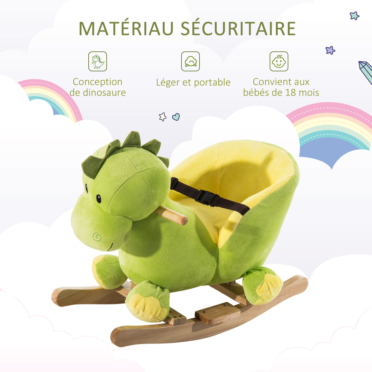 PawHut zenélő plüss dinoszaurusz hintajáték biztonsági övvel, zöld