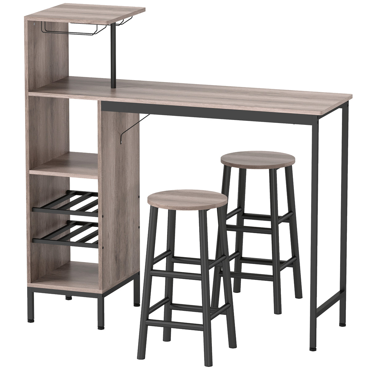 Ensemble table de bar avec tabourets, table à manger debout avec 2 chaises de bar étagères, casiers à vin, gris-0