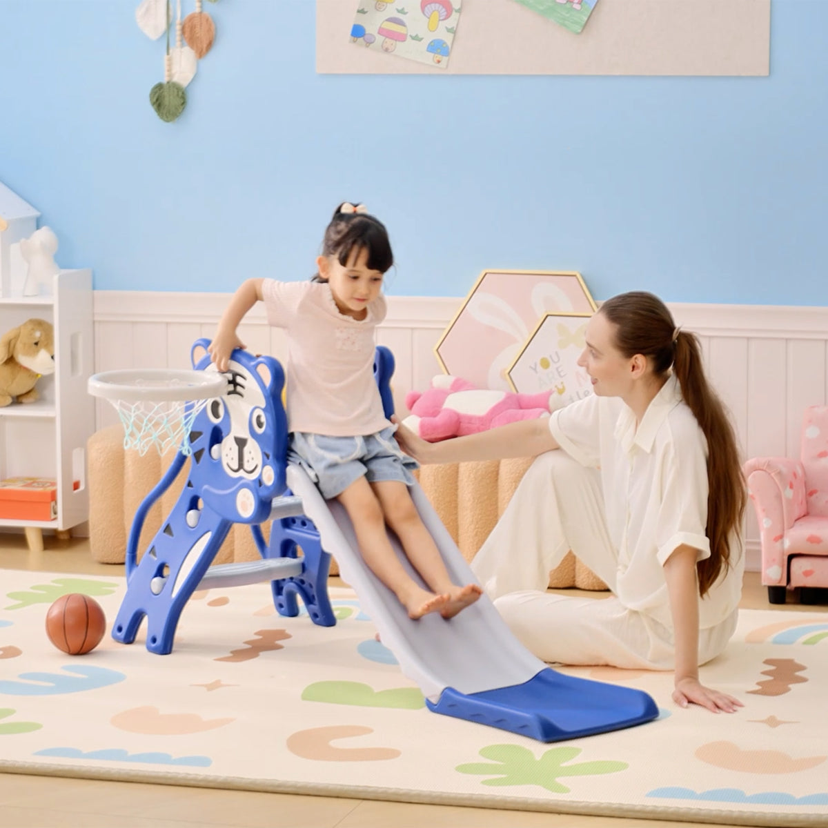 Toboggan pour enfants, toboggan intérieur pour enfants, avec panier de basket, thème tigre, de 18 à 36 mois, bleu-7