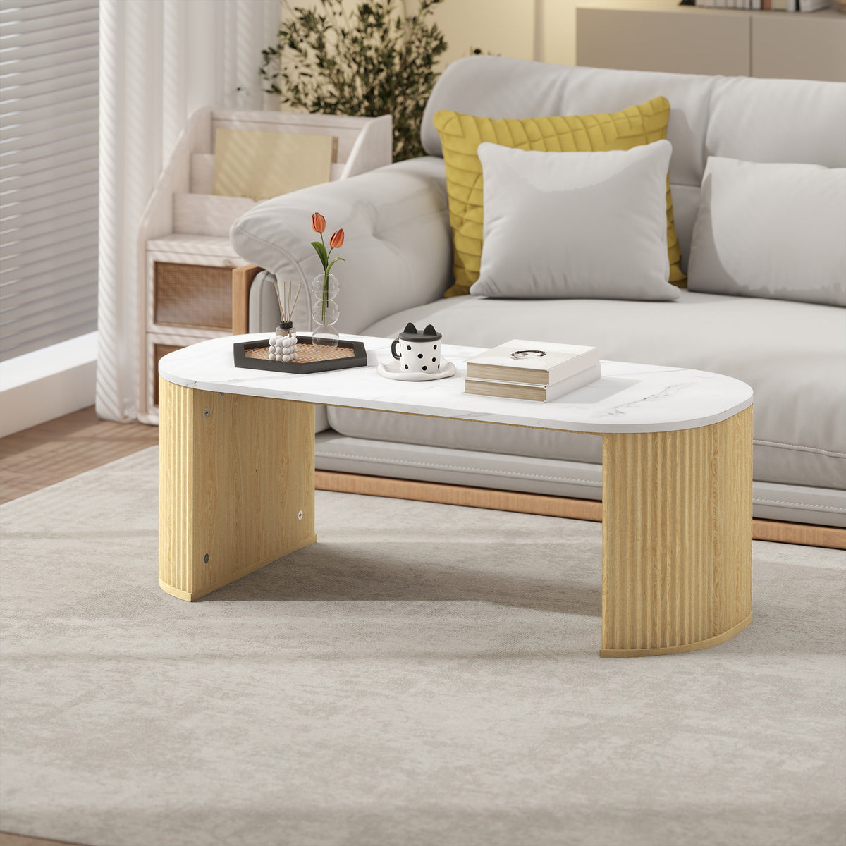 Table basse ovale, table d'appoint aspect effet marbre, coins arrondis pieds épais, 110 x 50 x 40 cm, blanc-9